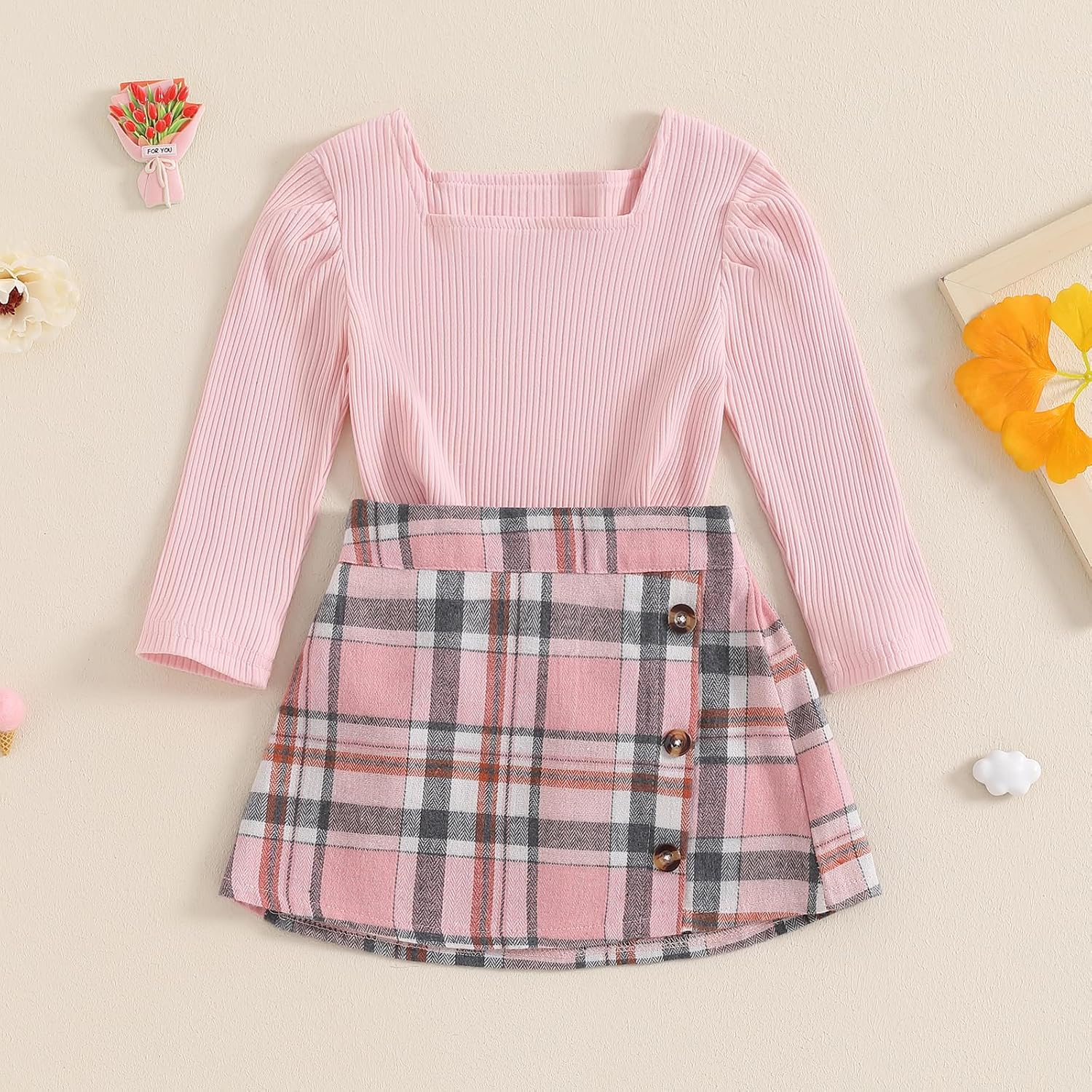 BeQeuewll Fall Winter Toddler Baby Girl Clothes 2Pcs Long Sleeve Ribbed Knit Shirt Plaid Skirt 1T 2T 3T 4T 5T Girls Dress