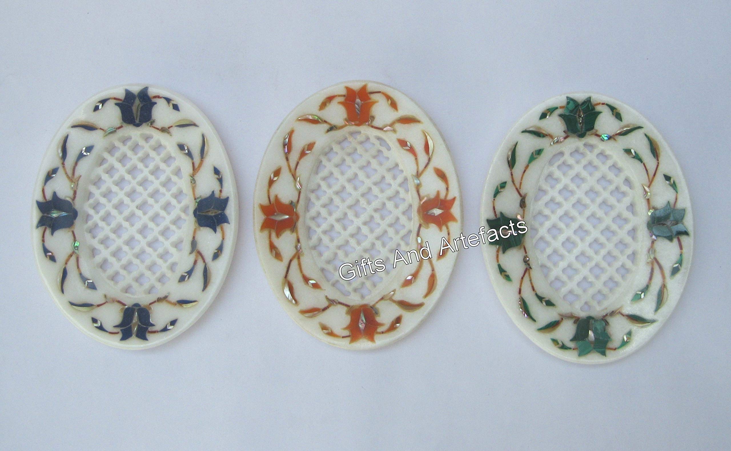Porte-savon de cuisine en marbre blanc ovale 11,4x8,9cm avec pierres multicolores