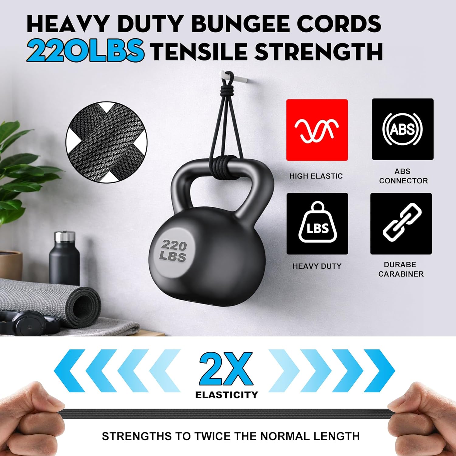 Adjustabl Bungee Cords with Hooks, 36 Inch Long Heavy Duty Black Bungee Straps with Carabiner Clip Outdoor, Adjust from 7’’ to 36’’ Elastic Rope for Camping, Cargo, Bike, Luggage, Carts, Truck, 4 Pack