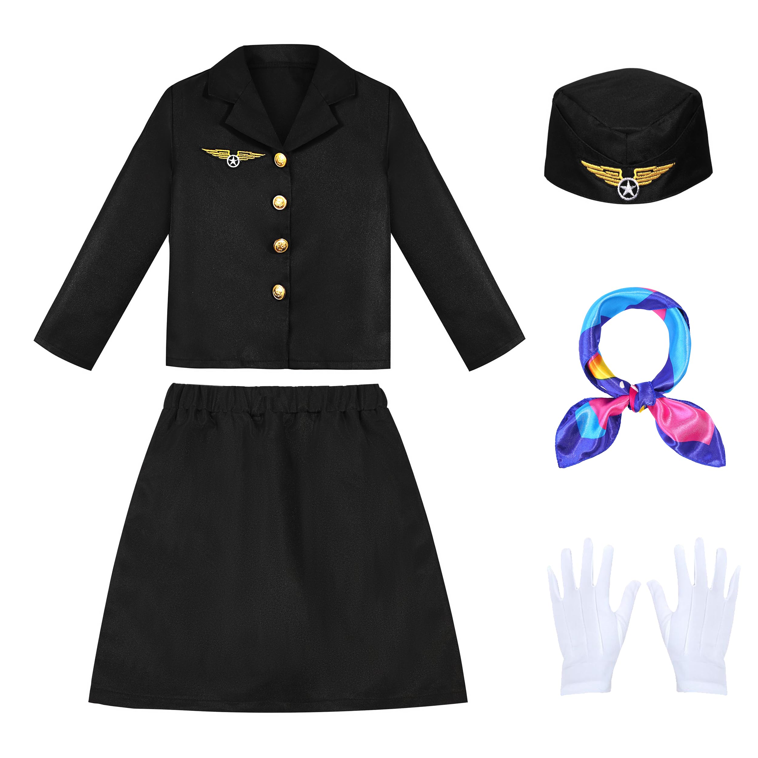 KAKALVER Stewardess Costume Set for Girls Flight Attendant Costume for Kids’ 100 Days of School Halloween Party Dress Up