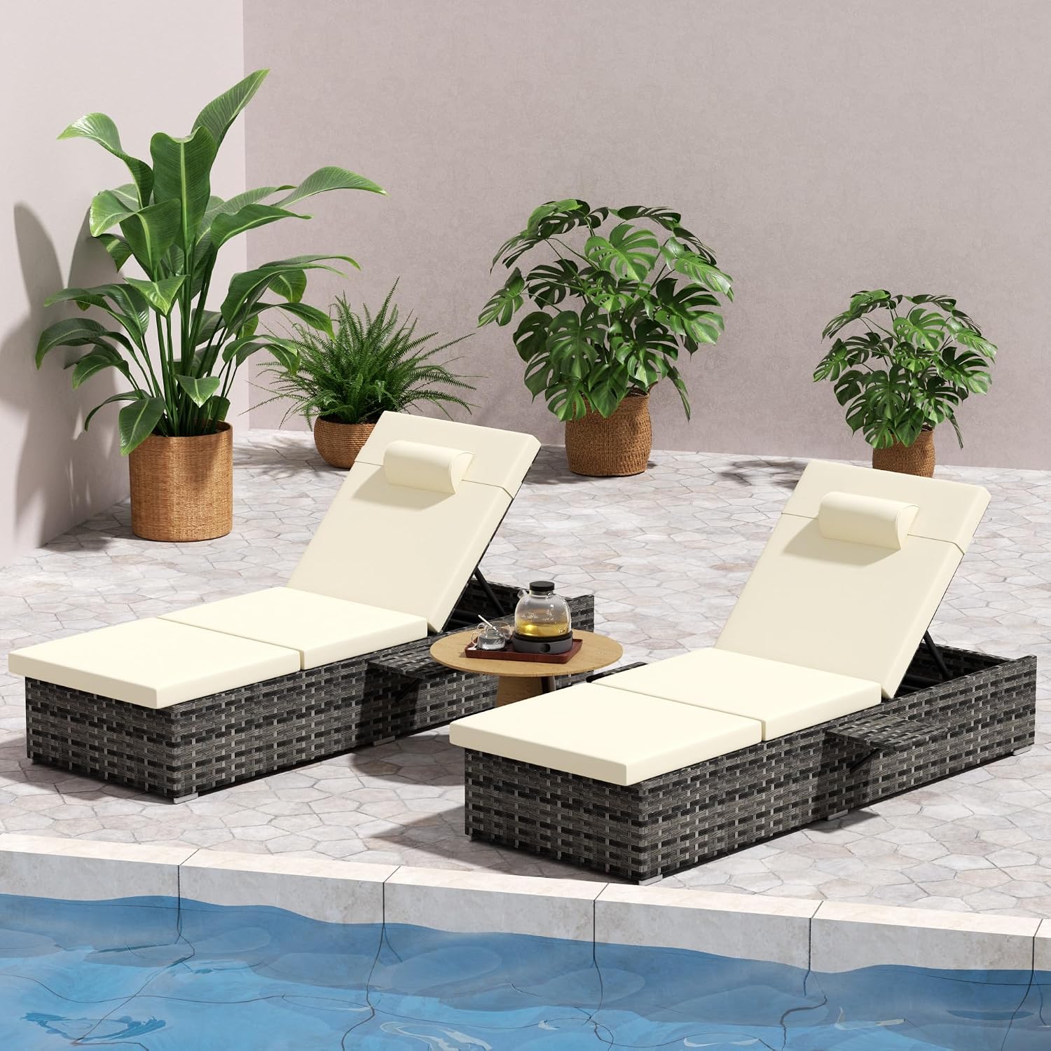 Outdoor Chaise Lounge Chair Set of 2 Wicker Pool Lounge Chairs Tanning Lounges for Outside Lawn Sunbathing Chairs with Adjustable Backrest Table (Rattan Brown, Beige)