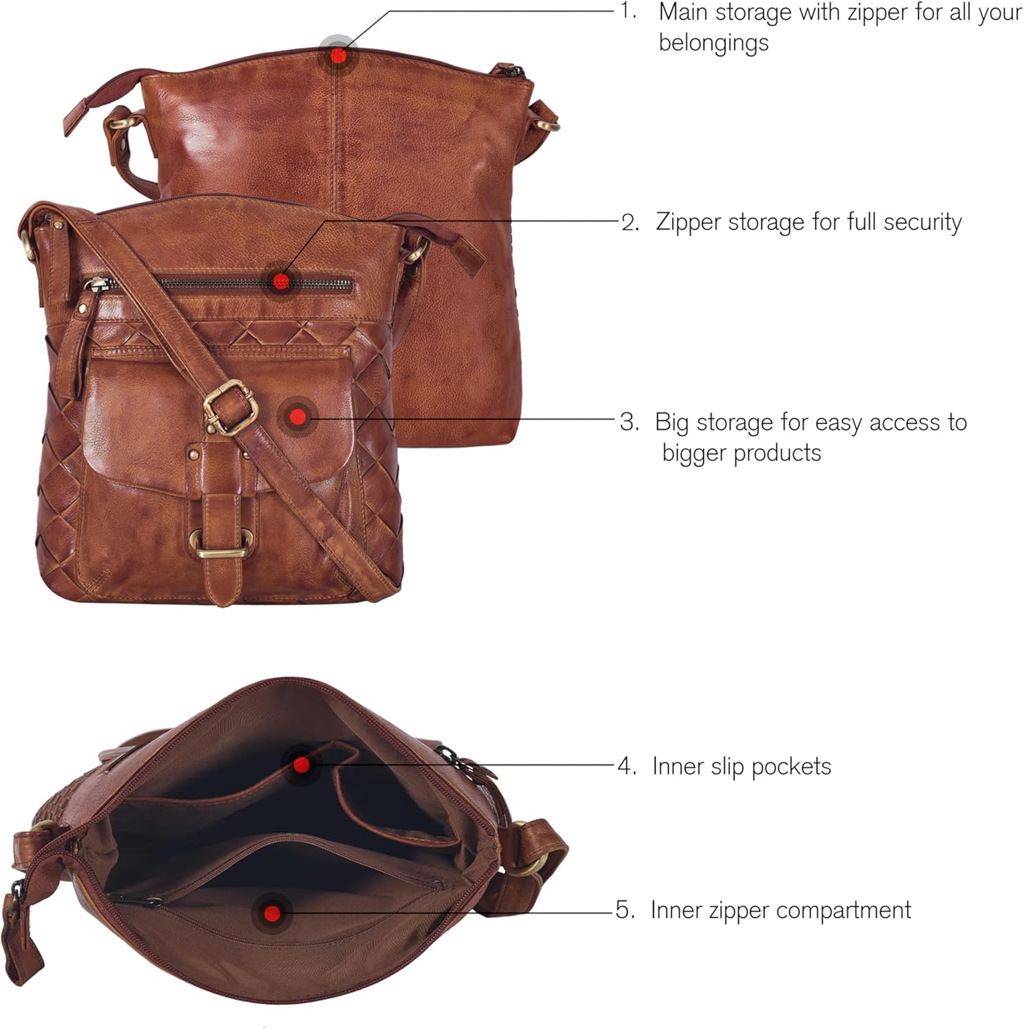 Oak Leathers Leather Crossbody Bag For Women With Adjustable Sling Strap - Medium Size Crossover Shoulder Handbag Purse
