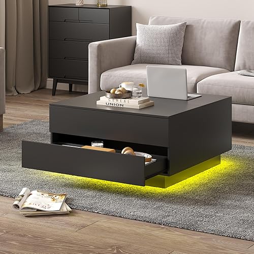 Miniatura 2 de Mesas de centro cuadradas con almacenamientos, moderna mesa de centro negra para sala de estar, mesas de centro de tapa abatible y 2 cajones