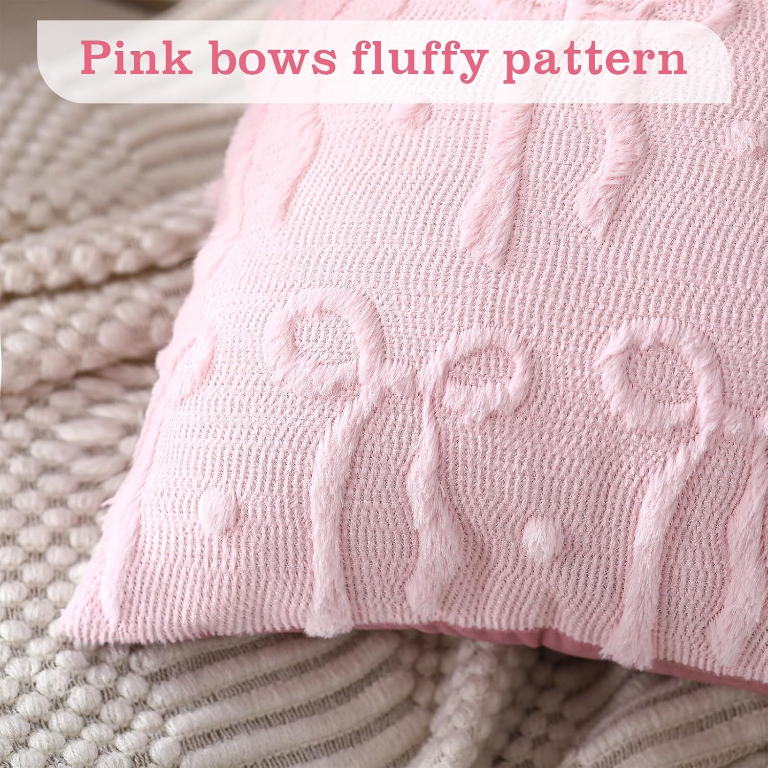 Mixweer Pink Bow Throw Pillow Covers 18x18 Set of 2 Coquette Decorative Pillow Covers Soft Plush Faux Wool Aesthetic Pillowcases Preppy Room Decor for Bed Sofa Couch Living Room - Image 3