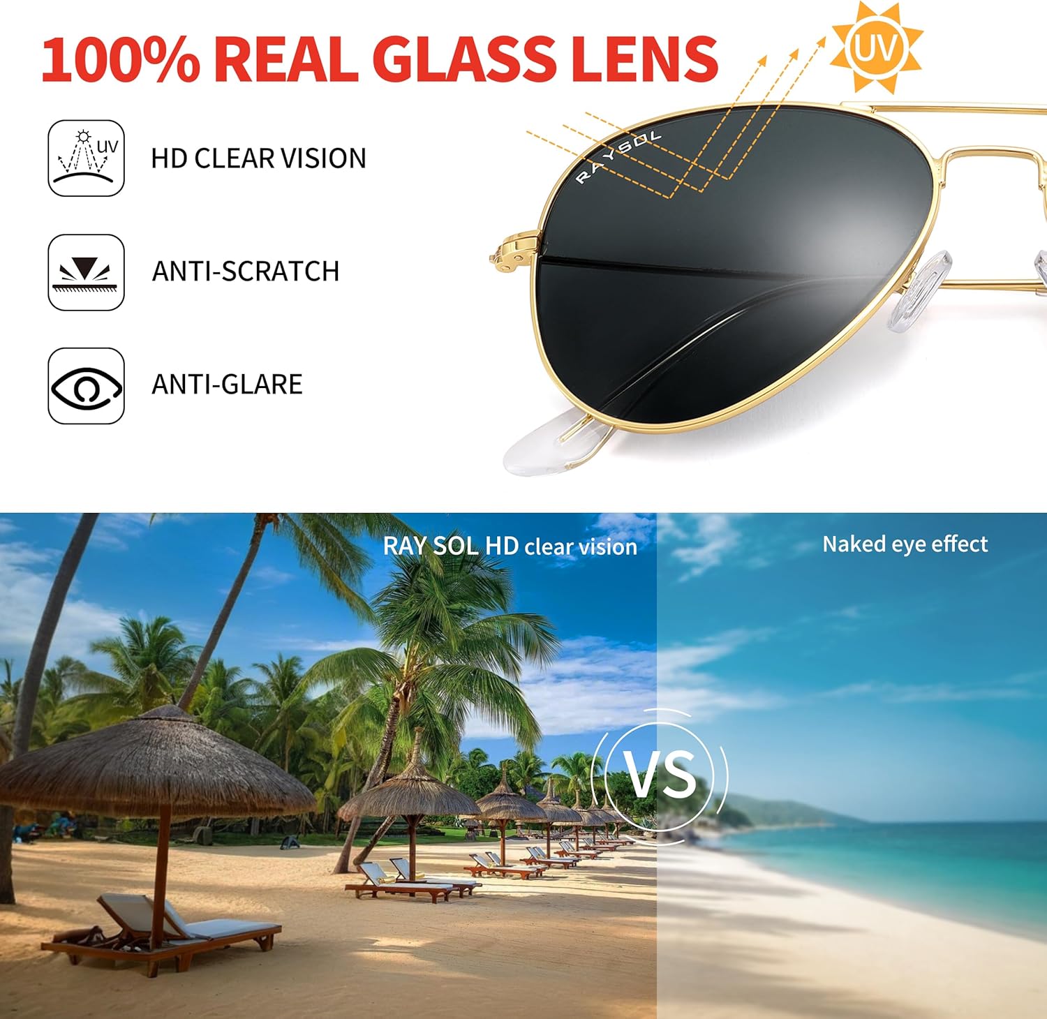 RAY SOL Real Glass Lens Aviator Sunglasses for Women Men Classic Metal Frame Sunglasses UV400 Shades - Image 5