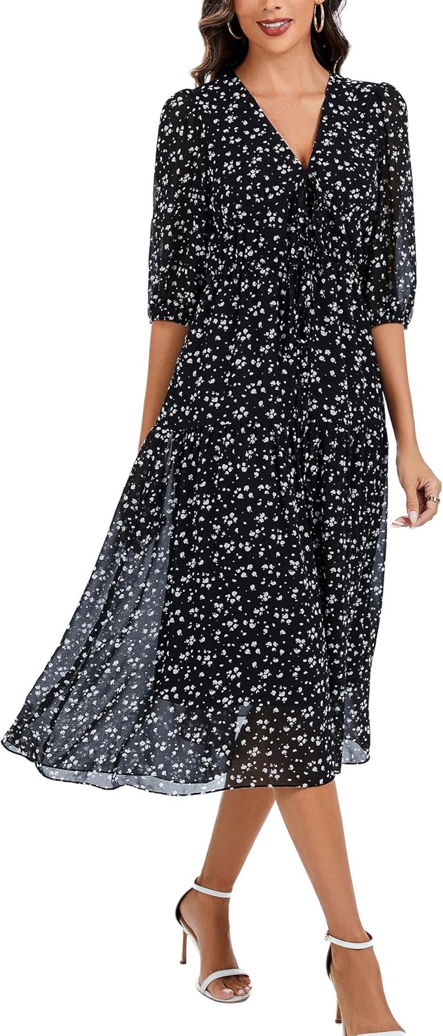 Kormei Women's Casual 3/4 Sleeve Summer Dress Boho Floral Print V Neck High Waist Long Party Beach Flowy Maxi Dresses - Image 3