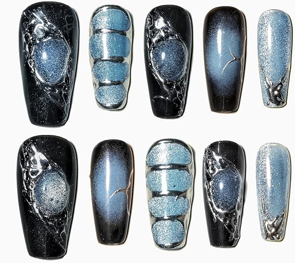 Sun&Beam Nails 手作り ネイルチップ ミディアム ロング コフィン バレリーナ ブルー シルバー ブラック つけ爪 Y2K デザイン おしゃれ 付け爪 10枚入 (#138 S) - 1