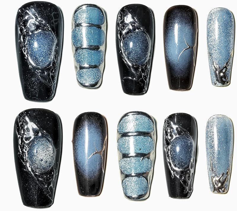 Sun&Beam Nails 手作り ネイルチップ ミディアム ロング コフィン バレリーナ ブルー シルバー ブラック つけ爪 Y2K デザイン おしゃれ 付け爪 10枚入 (#138 S)