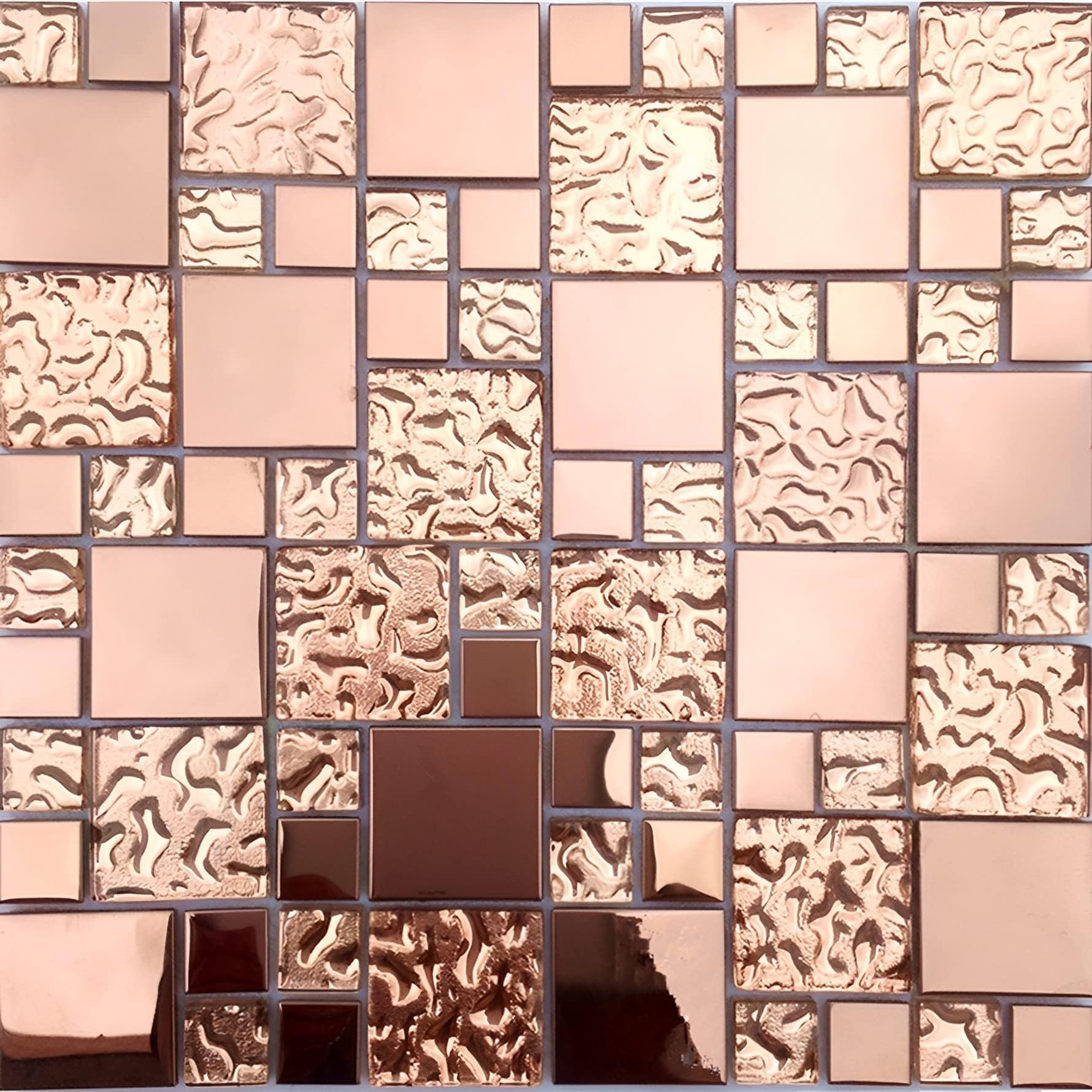 11-Sheets Glass Metal Mosaic Rose Gold Shiny Backsplash Tile Mirrored Stainless Steel Kitchen and Bathroom Wall Tiles HD-280