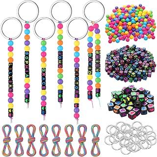 Landical 564 Pcs DIY Neon Bead Keychain Making Kit Name Beads Craft | Neon Gift, Adjustable Letter Round Bead String Set, Alphabet Jewelry Backpack Accessories, Party Favor, Retro Color