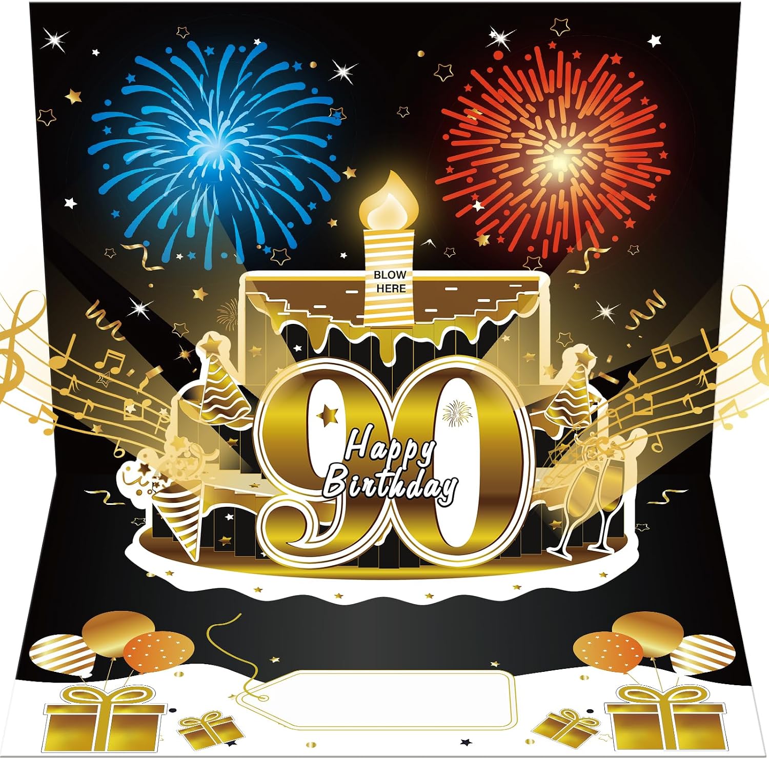 Turypaty Happy 90th Birthday Music Card Gifts Pop Up 3D Cake Firework Light