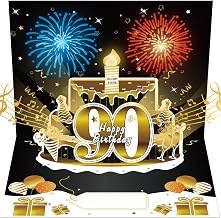 Turypaty Happy 90th Birthday Music Card Gifts Pop Up 3D Cake Firework Light | Happy Birthday Song Music, Blow Out Candle Light, Black Gold Funny 90th Bday Card Gift Party Decor for Men, Women, Dad, Mom