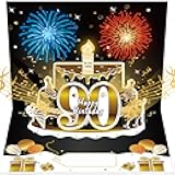 Turypaty 90th Birthday Cards Pop Up 3D Cake - Firework & Music & Blow Out Candle Light Funny Happy 90 Black Gold Birthday Card Gifts for Men, Women, Dad, Mom, Grandpa, Grandma, Friends, Husband, Wife