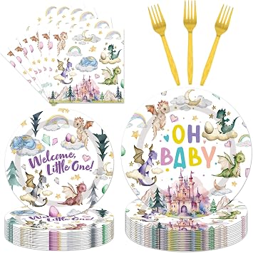 Dragon Birthday Party Supplies Tableware - 96 Pcs Watercolor Dragon Plates and Napkins, Magical Dragon Theme Dinnerware Set, Dragon Party Supplies Decorations for Baby Shower Serve 24 Guests