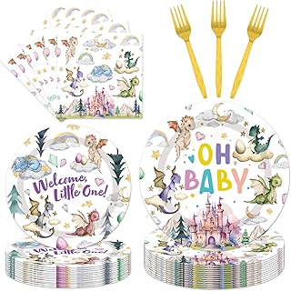 Dragon Birthday Party Supplies Tableware - 96 Pcs Watercolor Dragon Plates and Napkins, Magical Dragon Theme Dinnerware Set, Dragon Party Supplies Decorations for Baby Shower Serve 24 Guests