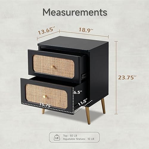 Miniatura 3 de LONYKE Juego de 2 mesitas de noche de mimbre de ratán, mesa auxiliar de 2 cajones con acabado negro para espacios pequeños, moderna mesita de noche