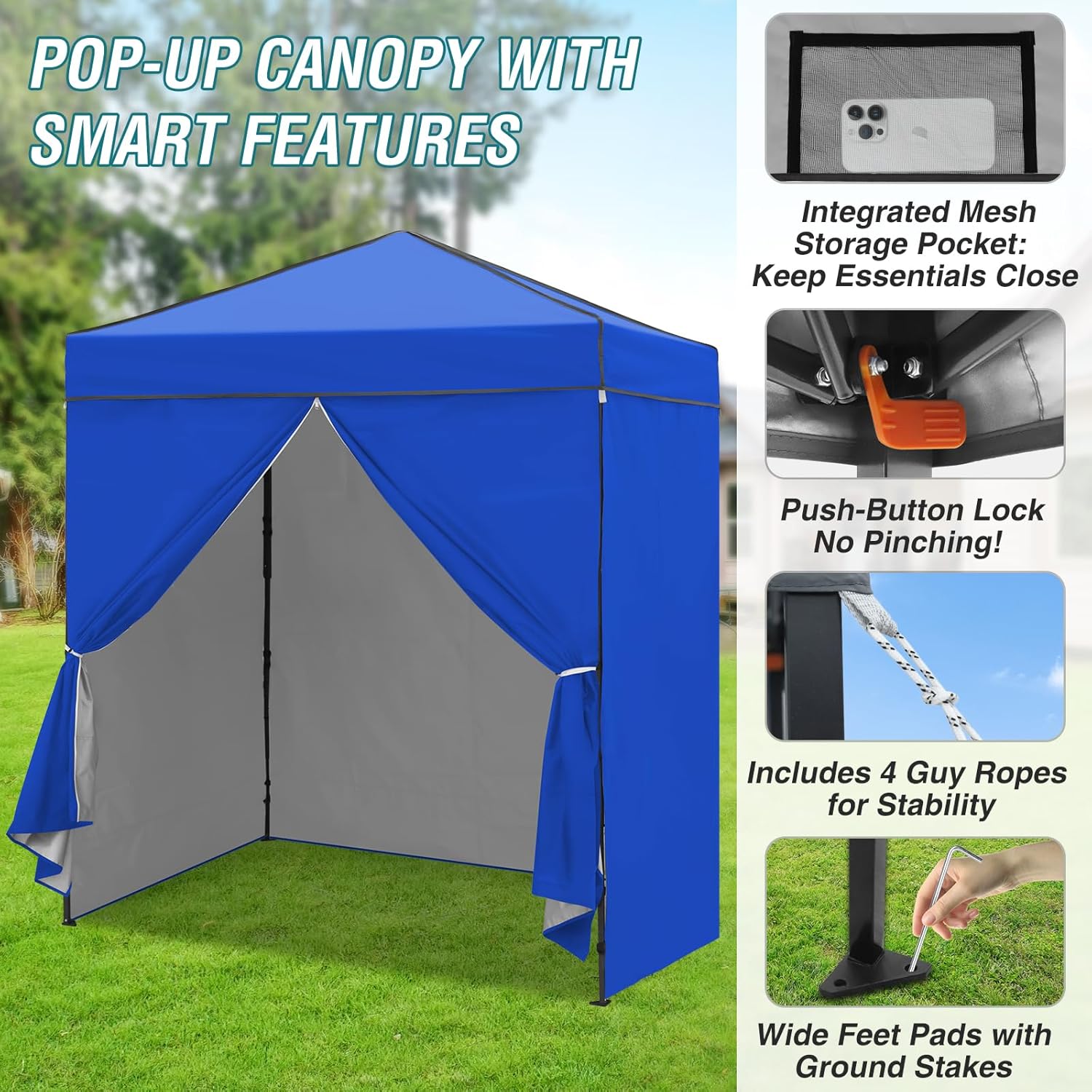 EAGLE PEAK 6x4 Instant Pop Up Canopy Tent with 4 Side Wall Panels, Straight Leg Sun Shelter, Portable Canopy with Carry Bag for Camping, Beach & Sports, Blue