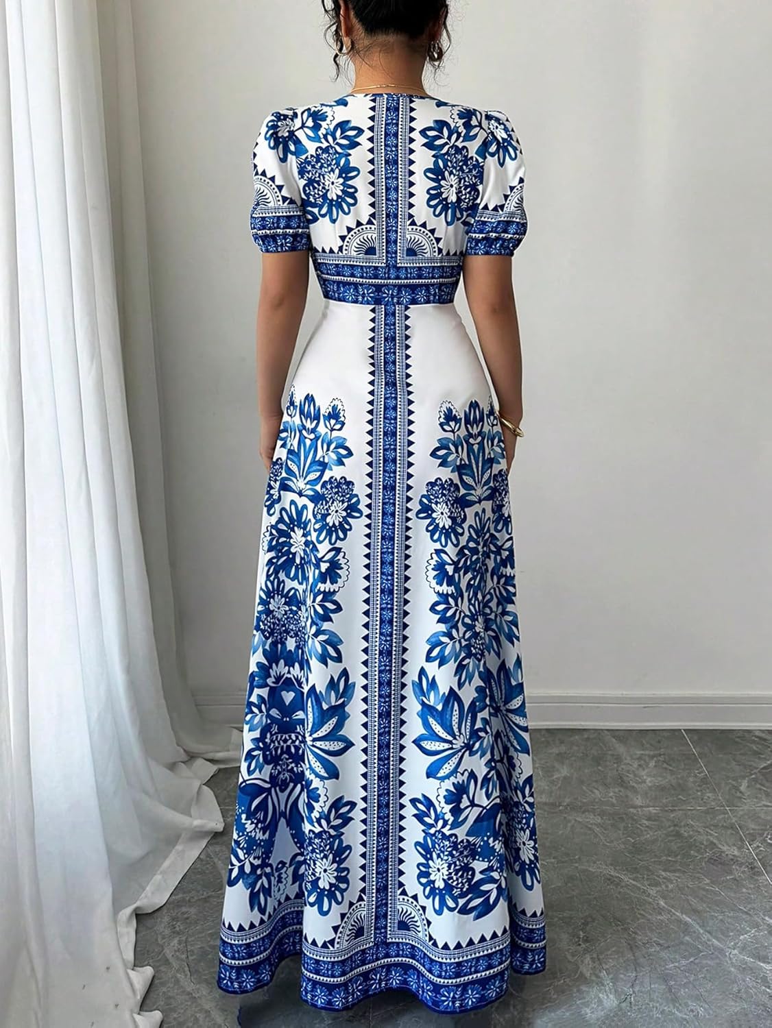 Floerns Women's Floral V Neck Maxi Dress Button Down Puff Sleeve Beach Vacation Dresses