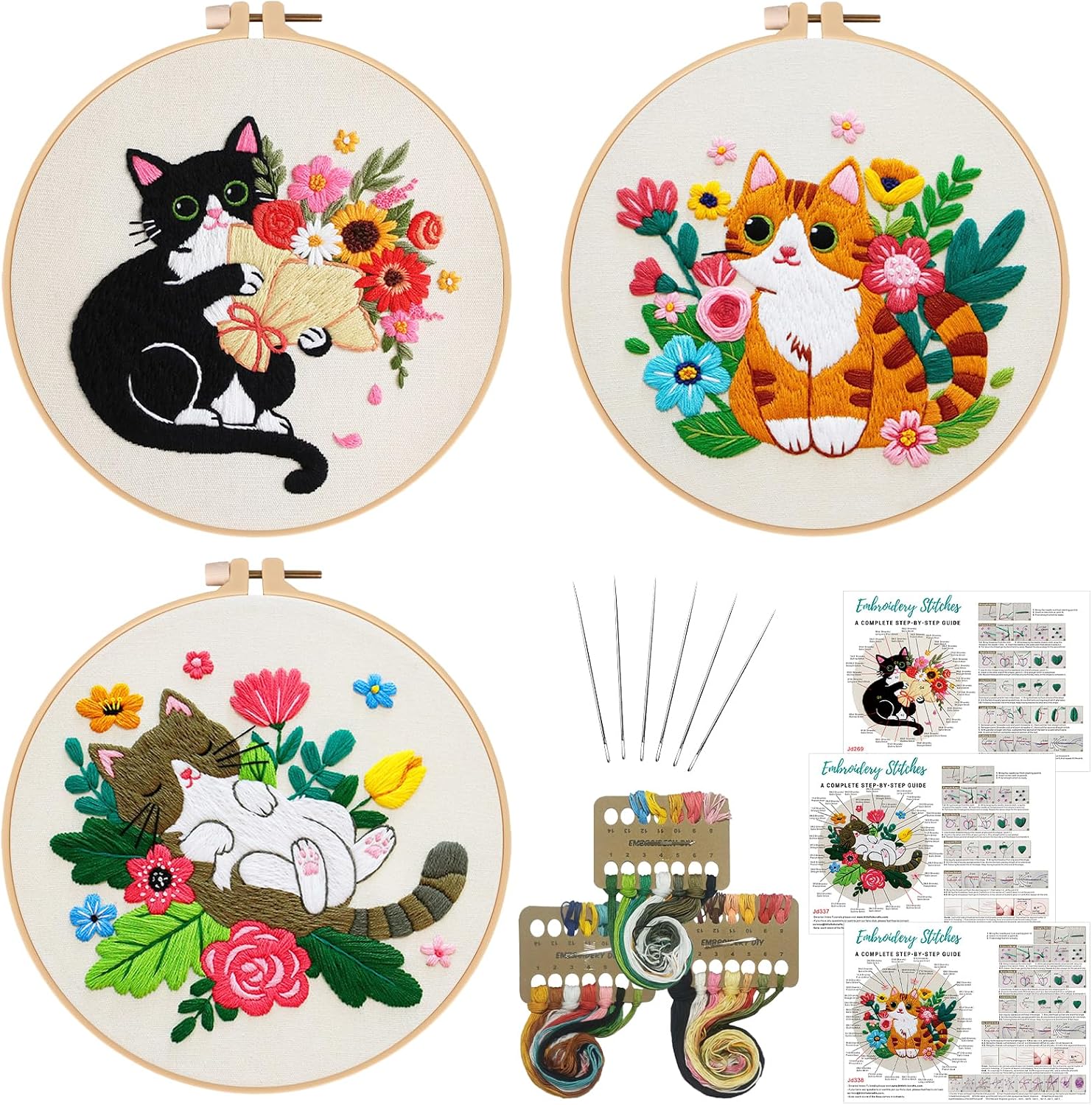 Nuberlic Cat Embroidery Kit for Adults Beginners - 3 Pre-Printed Animal Patterns, Adults Starter Cross Stitch Kit DIY Needlepoint