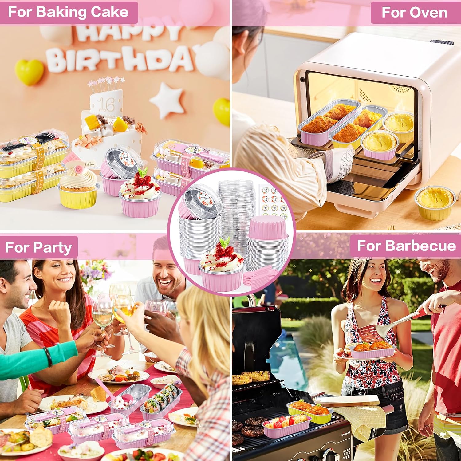 60Pcs Mini Cake Pans with Lids Aluminum Foil, ZOXILEN 5oz Disposable Mini Loaf pans with Lids and Spoons, Small Baking Cups Pie Tins Muffin Pan Cheesecake Containers for Party Pink Round