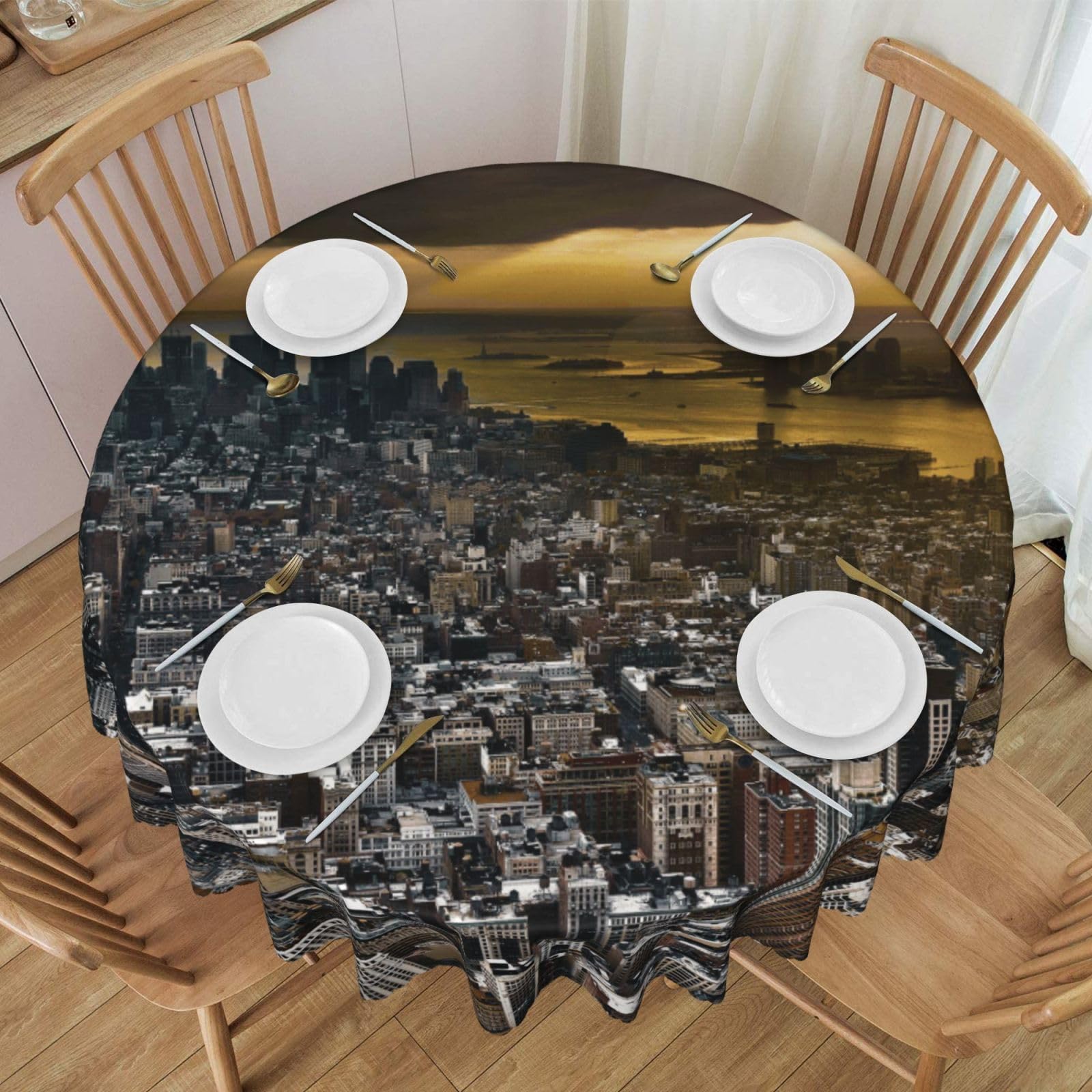 DCEHGEW 60 In Round Tablecloth with Lace, York City Sunset Picture Printed Oilproof & Washable Fabric Picnic Table Cloth Table Covers