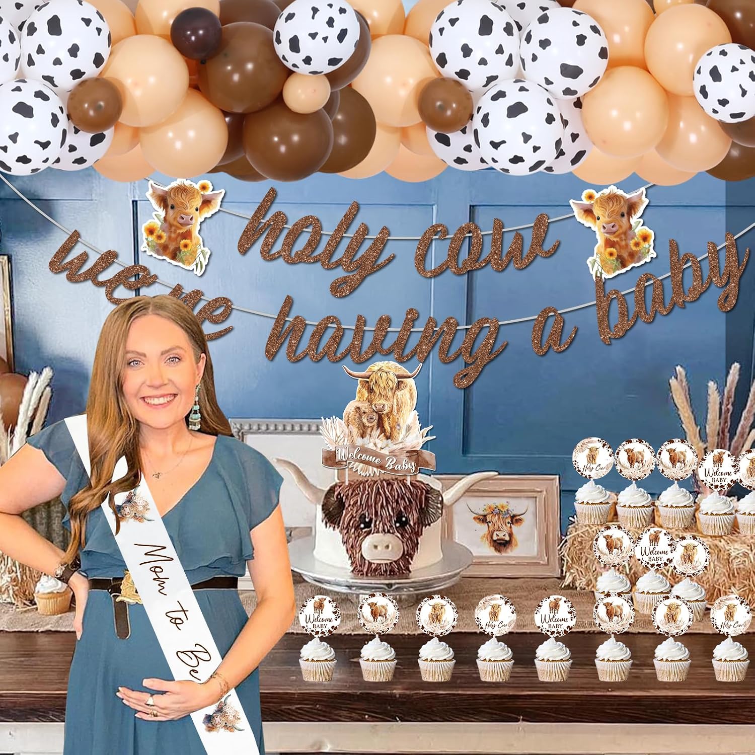Jollyboom Highland Cow Baby Shower Decorations, Holy Cow We’re Having A Baby Backdrop Banner Mom to Be Sash Cake Cupcake Topper Brown Cow Print Balloon Garland Arch Kit for Boy Girl Baby Shower