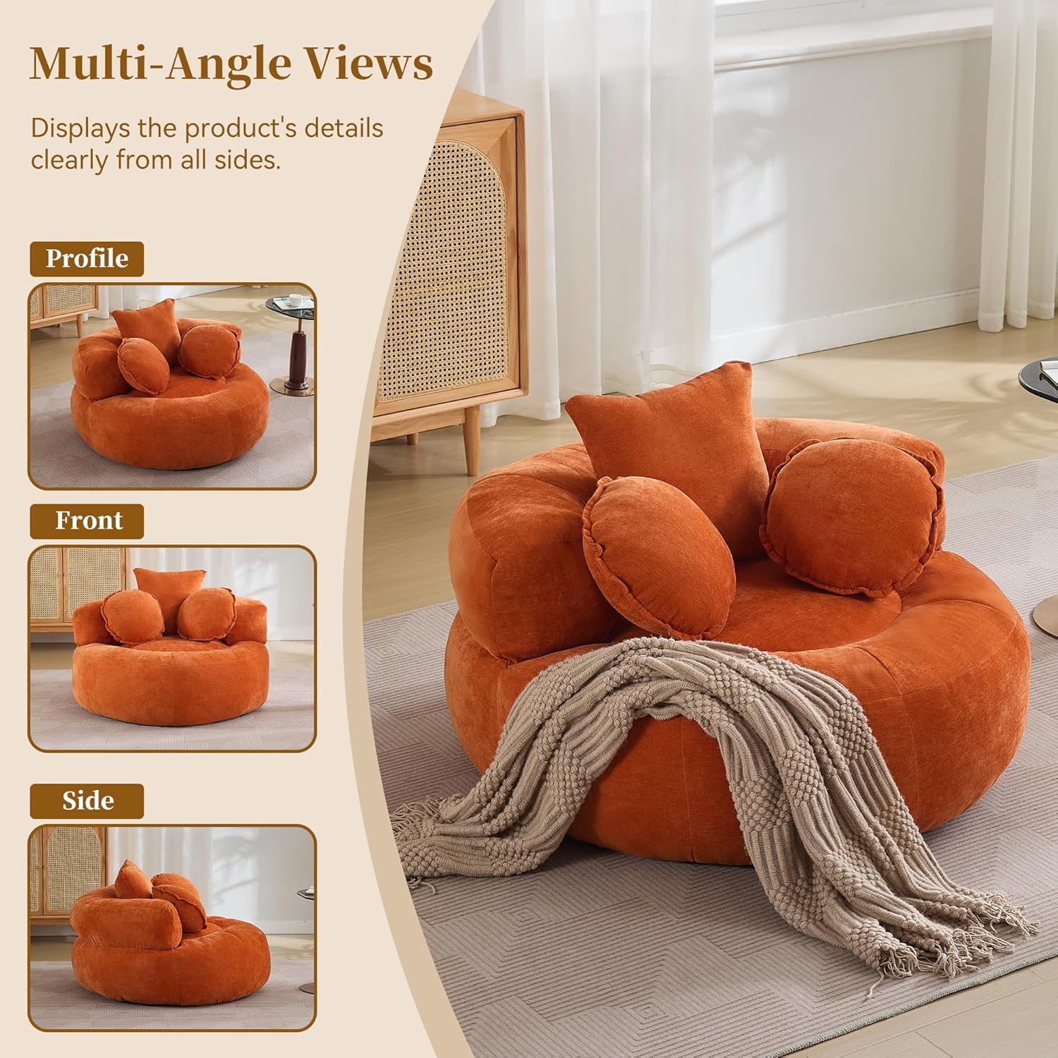 WUTUTUEE Round Oversized Chair Floor Sofa Chair, Chenille Compressed Circle Chaise Lounge, No Assembly Boneless Barrel Chair, Lazy Bean Bag Couch Accent Chair for Living Room, Bedroom, Dorm,Orange