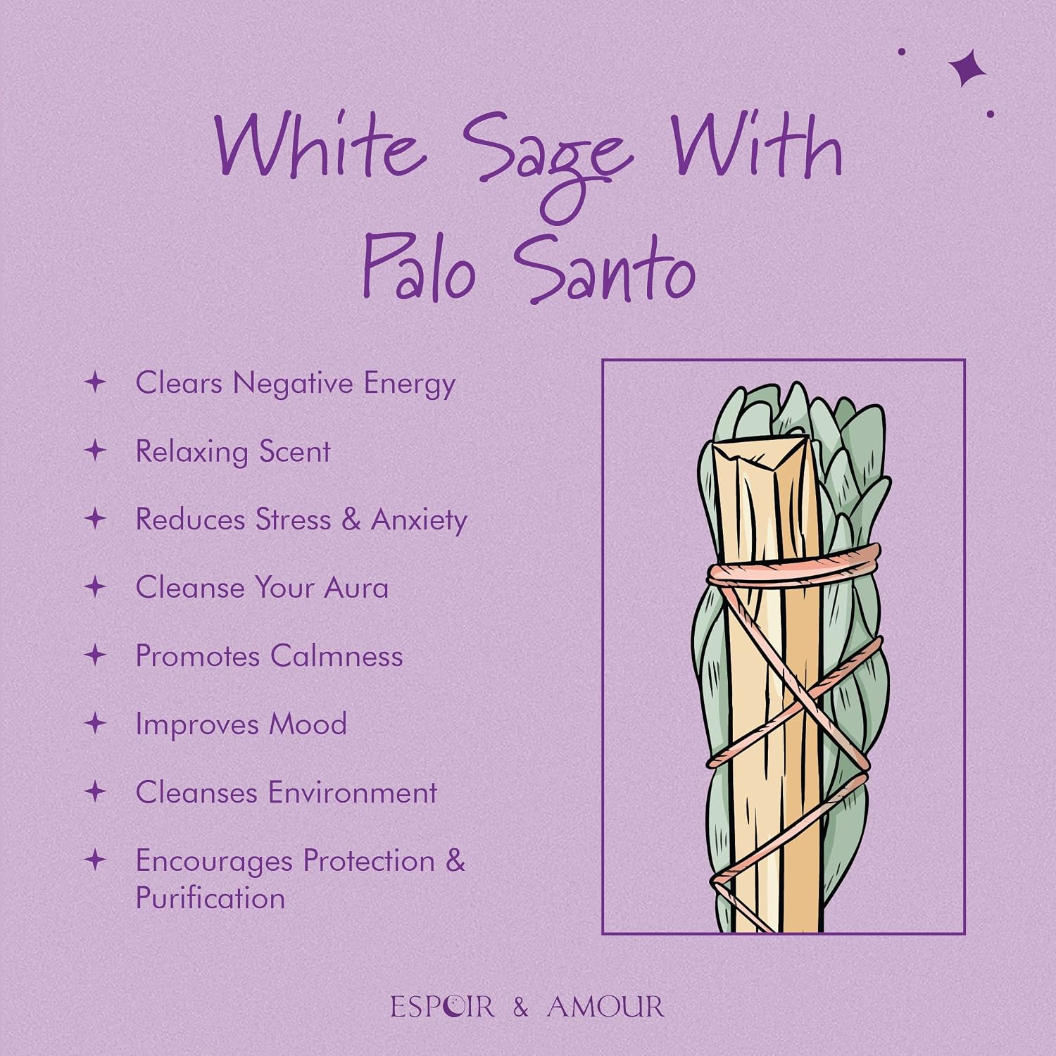 ESPOIR & AMOUR Palo Santo White Sage 4-6" Spiritual Smudging Sticks - Hand-Tied Sage Bundle for Cleansing Negativity - Sustainably Harvested 4 Inch Californian Sage