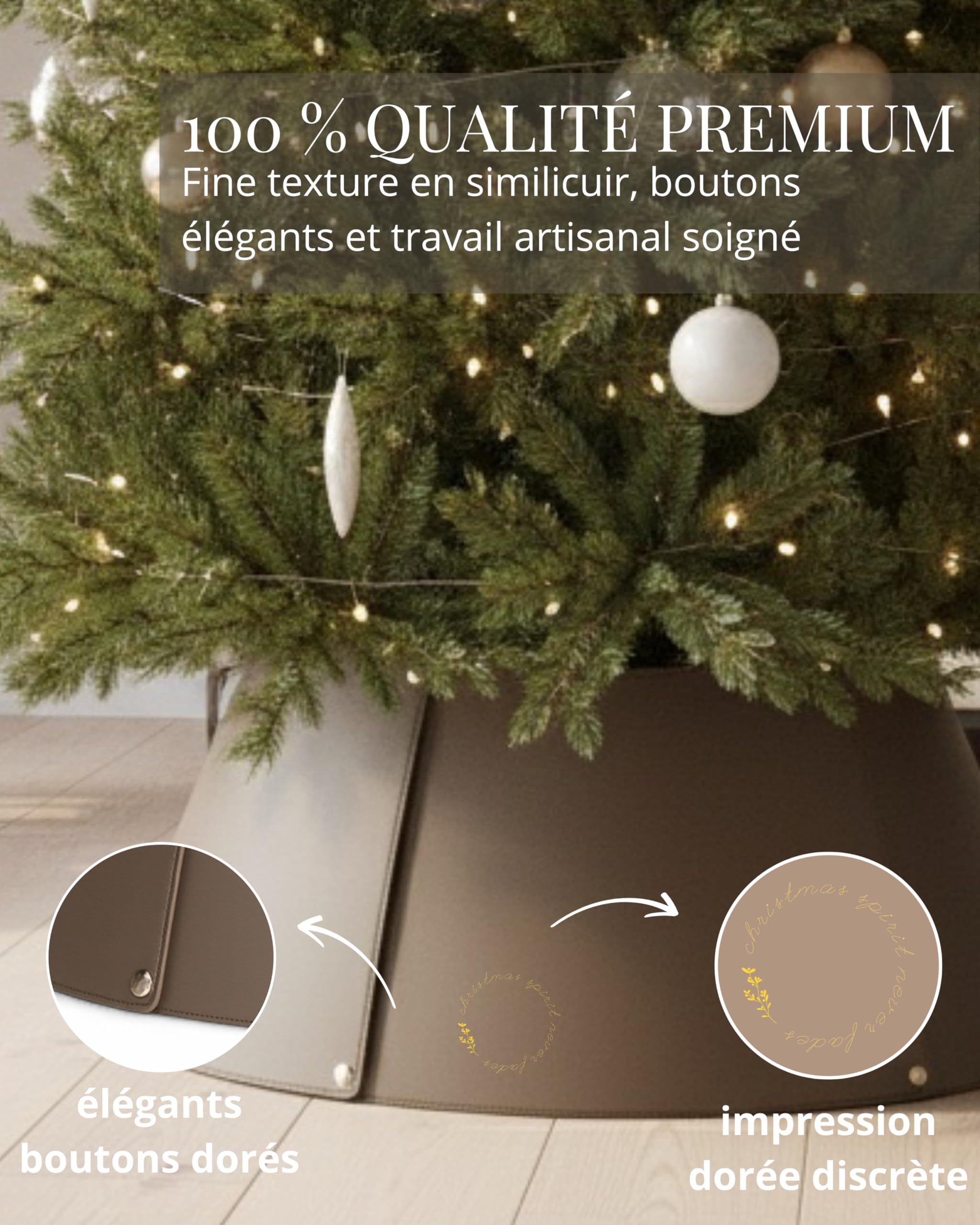 Livlig53 LIVLIG Cache-Pied de Sapin en Similicuir Beige/Brun – Collier pour Sapin réversible 2-en-1 avec détails dorés, Couvre-Support décoratif Fait Main pour Sapin de Noël