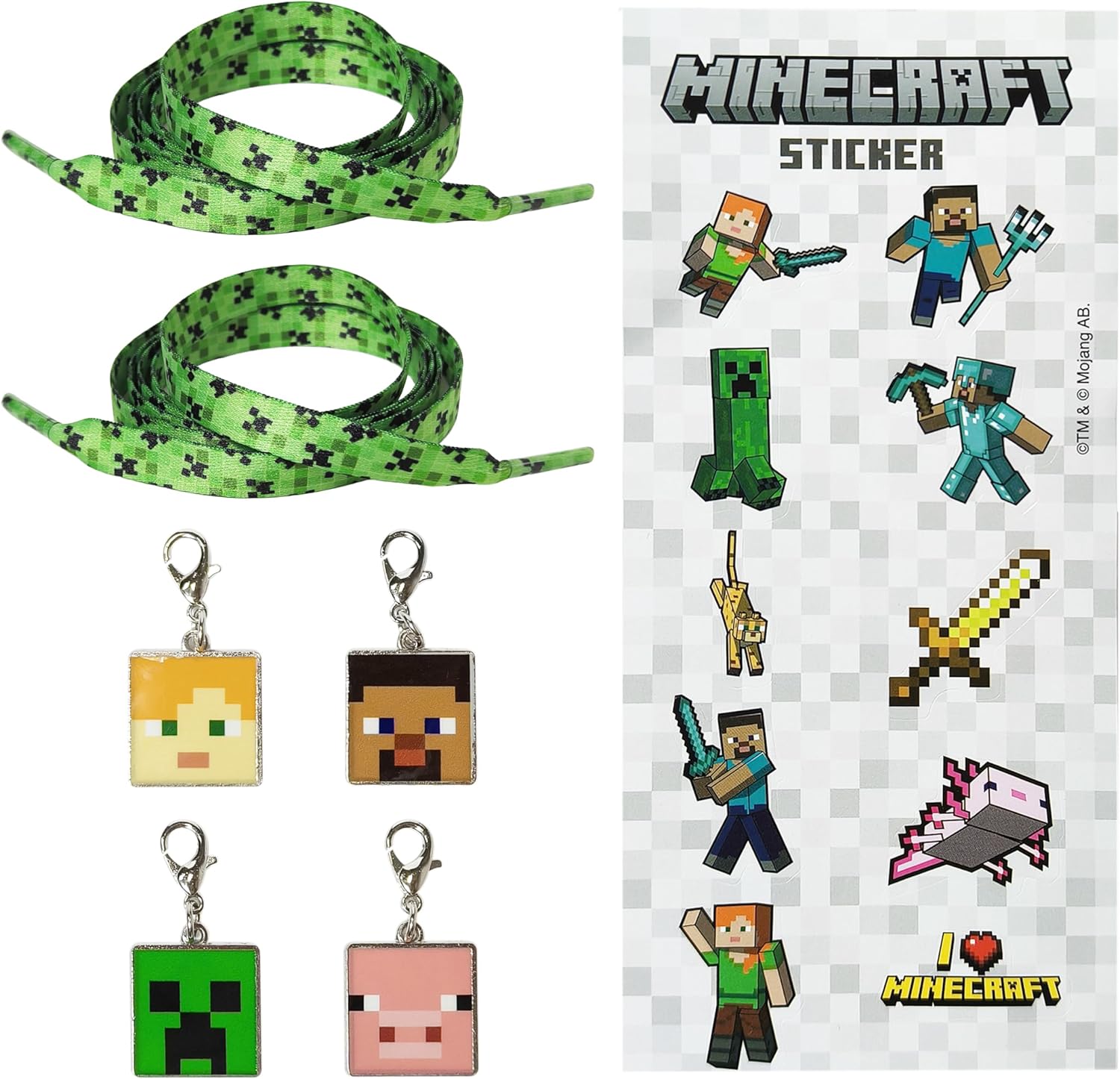 LUV HER Minecraft Shoelaces with Pixel Green Epoxy – Includes 10 Die-Cut Stickers and 4 Character Charms – Fun Kids Accessories for Fans