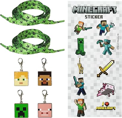 LUV HER Minecraft Shoelaces with Pixel Green Epoxy Includes 10 Die-Cut Stickers and 4 Character Charms Fun Kids Accessories for Fans