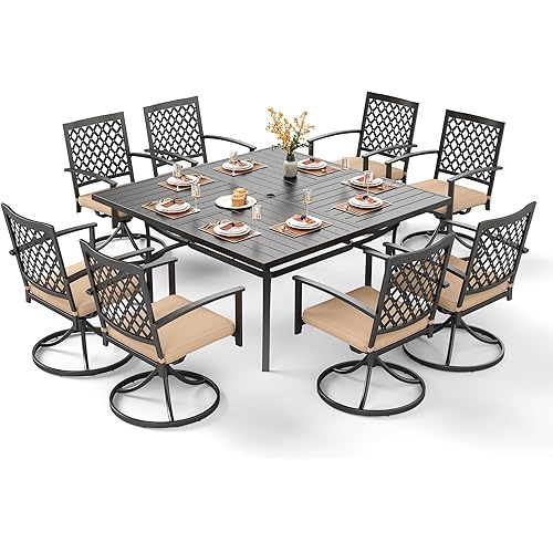 PHI VILLA 9 Pieces Outdoor Dining Set for 8, 60" Black Square Metal Table with Umbrella Hole & Swivel Wrought Iron Chairs with Cushions, Large Outside Furniture Set for Patio, Deck, Yard, Porch