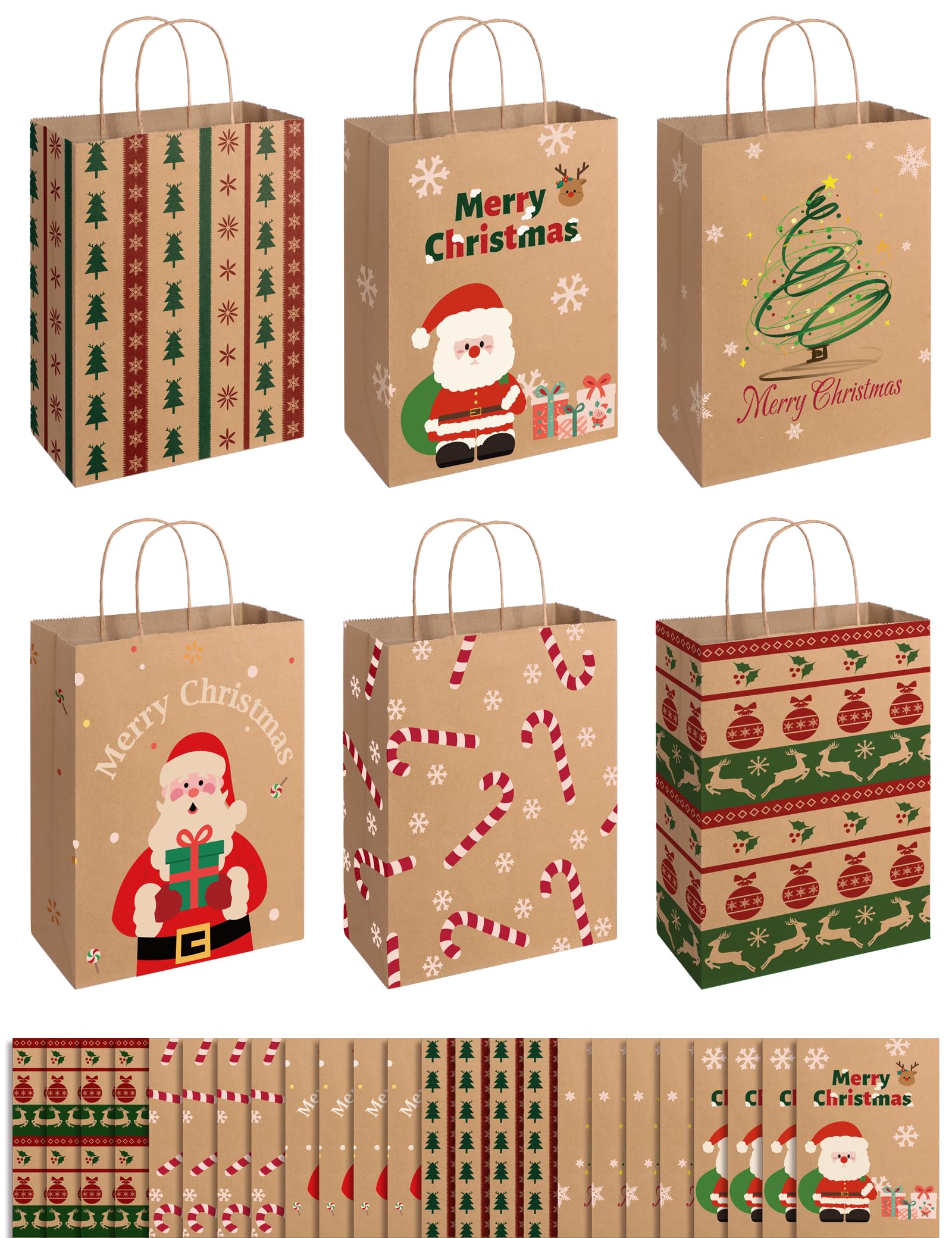 SUNEE Christmas Gift Bags, 24 Pack Christmas Bags for Gifts with Handles, 6 Assorted Kraft Paper Gift Bags Bulk with Xmas Tree, Santa Claus, Candy Designs, 7.28*3.15*8.7 Goodie Bags for Kids, Small Size