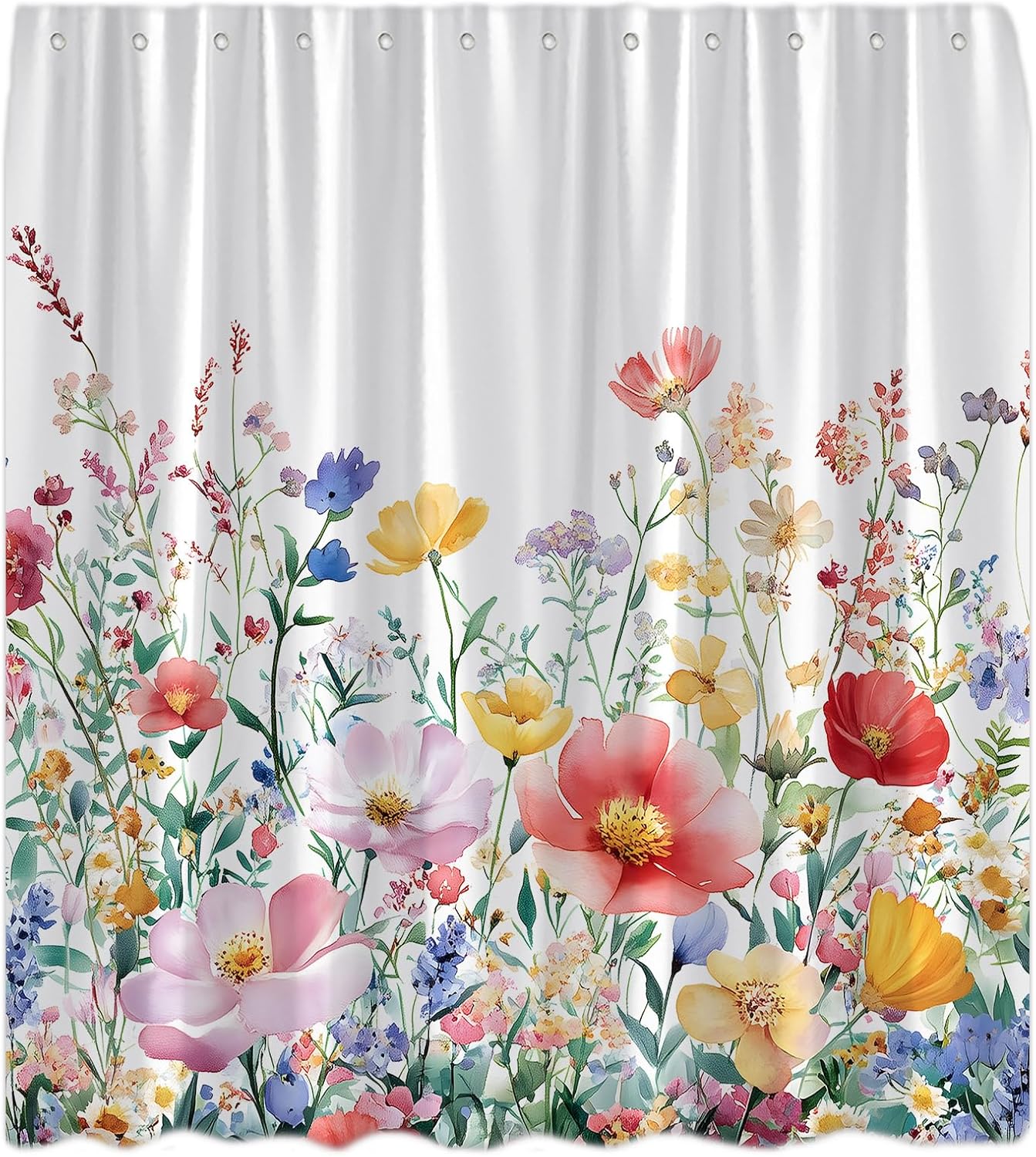 Watercolor Floral Shower Curtain Rustic Wildflower Vintage Spring Botanical Plant Boho Green Leaves Farmhouse Nature Decor Bathroom Curtain Set with Hook