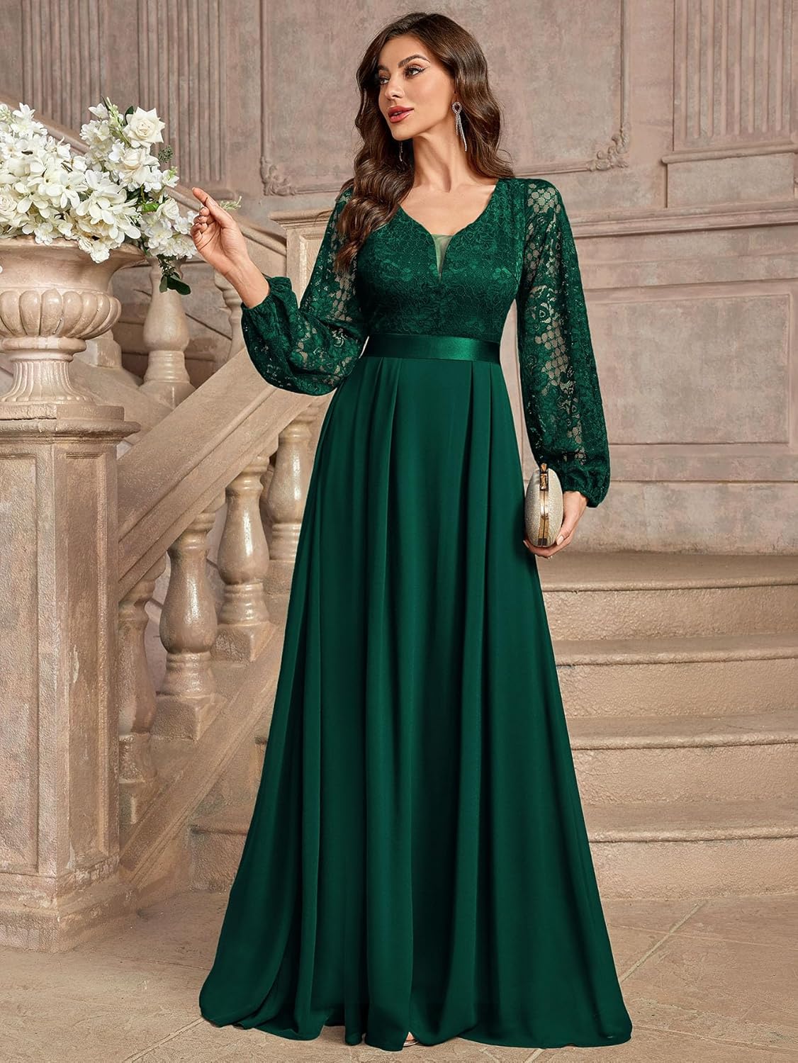 Miusol Women's Wedding Guest A-Line Dress Floral Lace Deep V Neck Long Sleeve Formal Evening Gown - Image 4