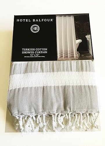Hotel Balfour Cortina de ducha de tela de alta calidad con flecos en la parte inferior, 100% algodón, 172 x 72 pulgadas (blanco con rayas gris claro)