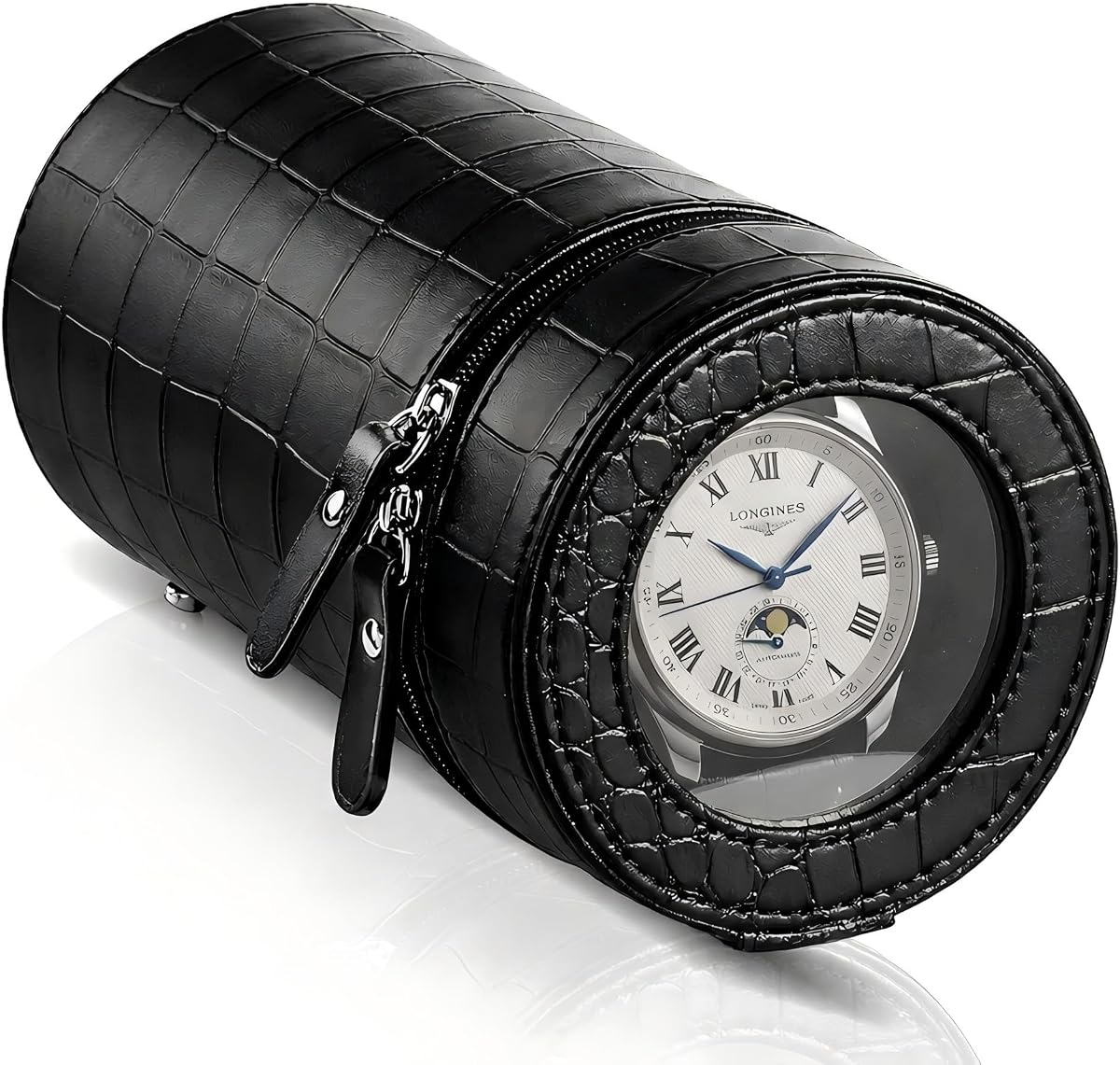 Bobinadora automática de reloj de viaje individual para Rolex y otros relojes, negro | Diseño compacto y portátil con sello antimagnético, forro protector suave y fuente de alimentación dual para viajes y uso doméstico