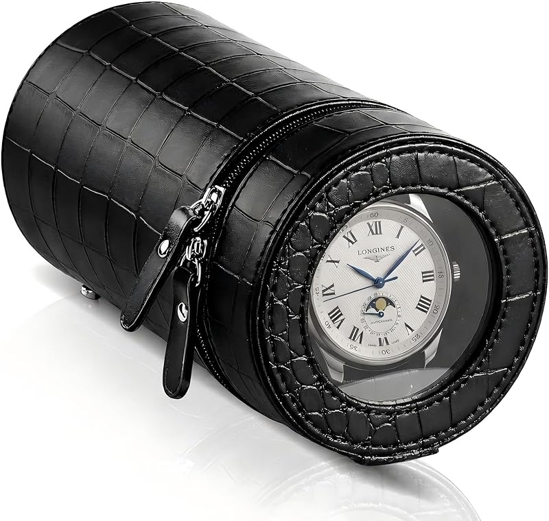 Bobinadora automática de reloj de viaje individual para Rolex y otros relojes, negro | Diseño compacto y portátil con sello antimagnético, forro protector suave y fuente de alimentación dual para viajes y uso doméstico
