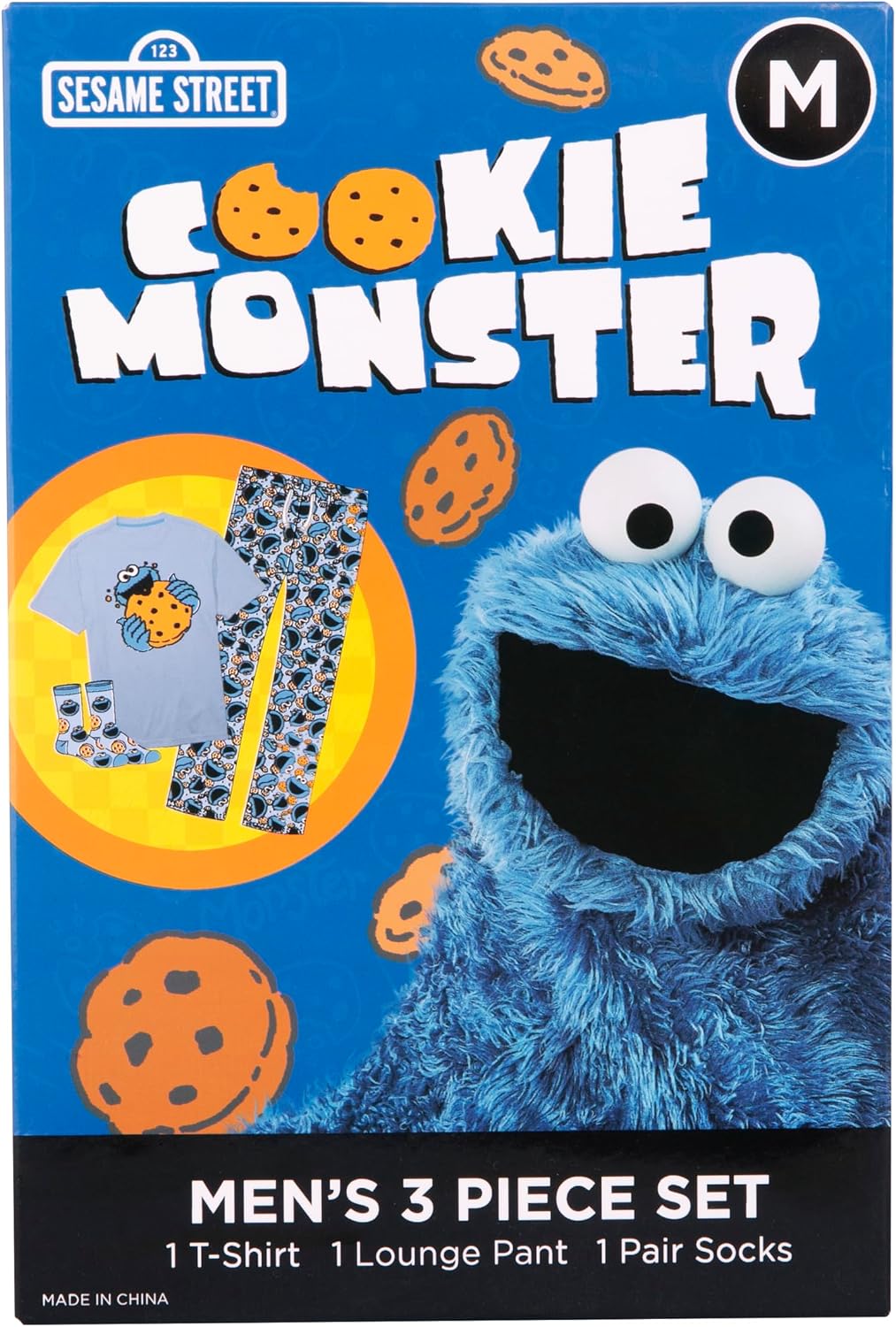 Sesame Street mens Cookie Monster Lounge Set With T-shirt, Lounge Pant and Sock in Sizes S-xl