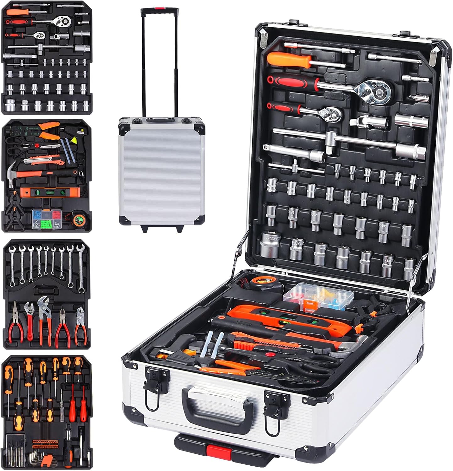 HARFINGTON 186pcs Tool Set with Aluminum Rolling Trolley Case, Portable Repair Kit Set Including Socket Wrench Mechanic Tool Set, Tool Box for Home Maintenance