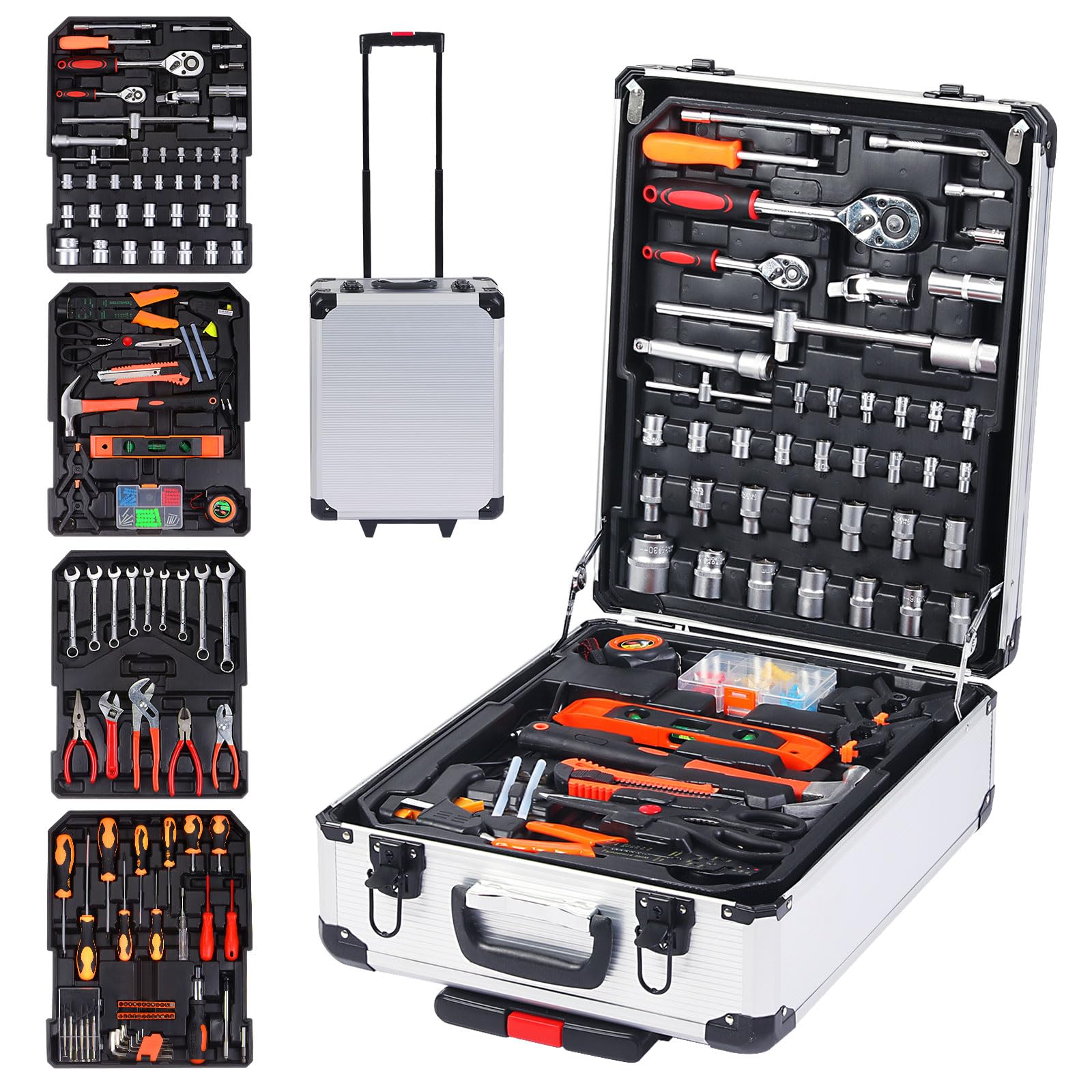 HARFINGTON 186pcs Tool Set with Aluminum Rolling Trolley Case