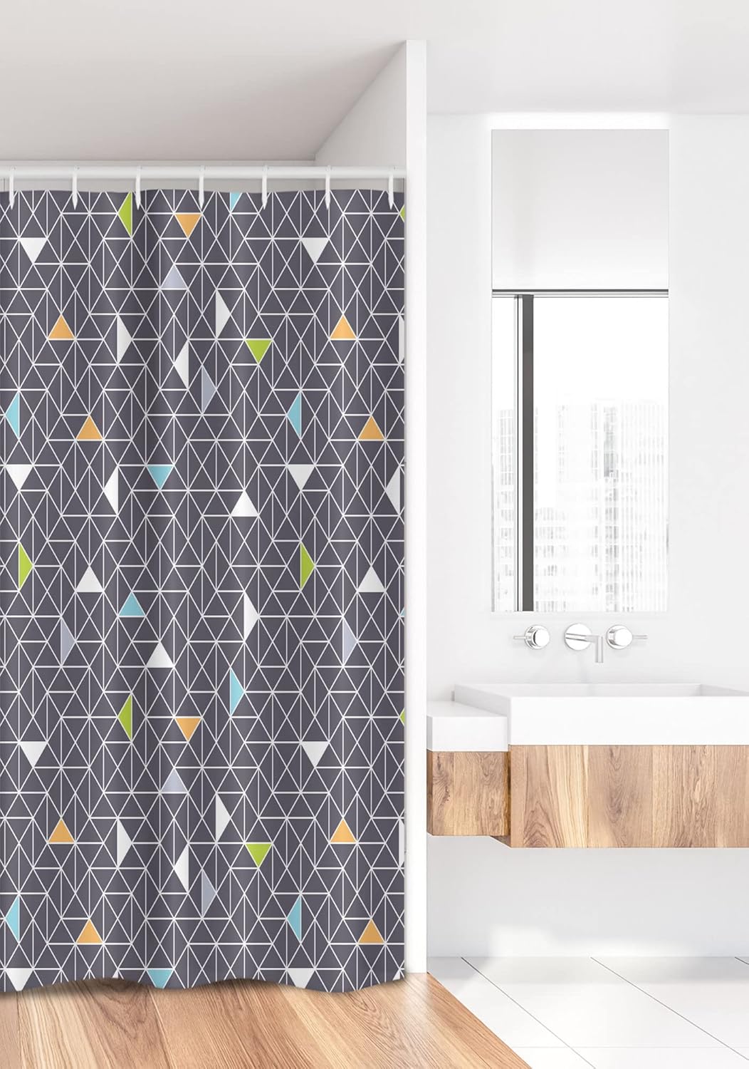 Ambesonne Geometric Stall Shower Curtain, Geometric Pattern Triangle Retro Illustration Network Simple Style, Fabric Bathroom Decor Set with Hooks, 36" W x 72" L, Dimgray Pale Orange Blue