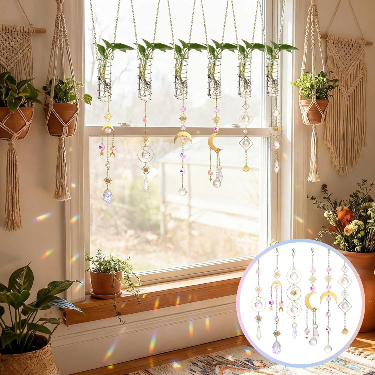 6 Pcs Plant Propagation Station Colorful Crystal Suncatcher, Handmade Boho Rooting Vase, Hanging Window Plant Propagator Stations Suncatcher with Chain Pendant Ornament Balls