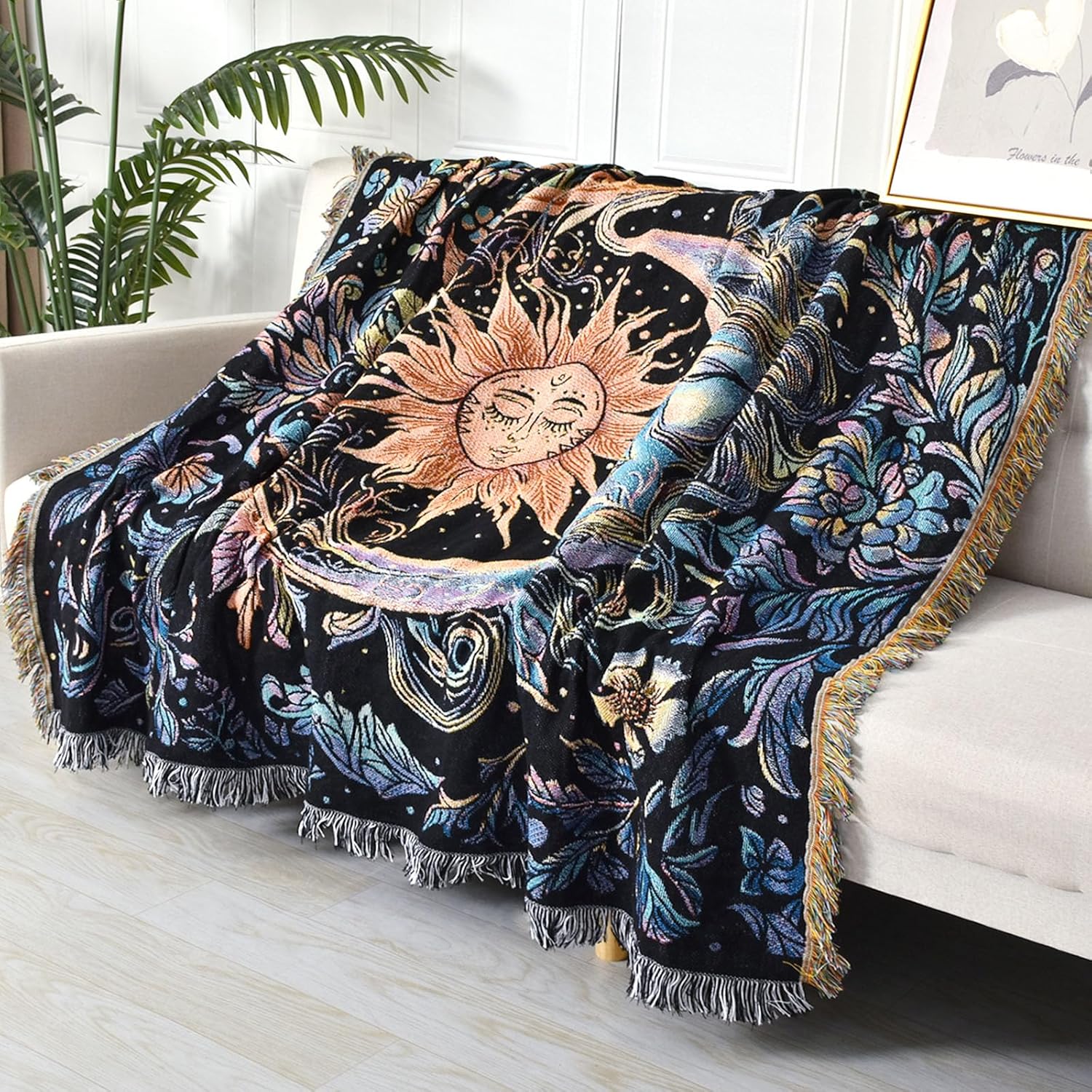 Boho Throw Blanket Reversible Cotton Bohemian Tapestry Hippie Room Decor Outdoor Blanket Double Sided (Boho Sun Black 50"x60") - Image 8