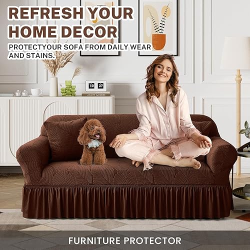 Miniatura 6 de WONGS BEDDING Funda de terciopelo elástico para sofá, funda acolchada con falda, apta para mascotas, duradera, lavable, elástica, de fácil ajuste,