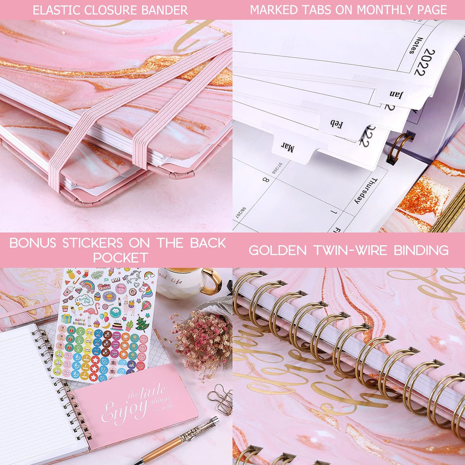 2022 Planner - Planner 2022 Weekly & Monthly with Tabs, 6.5" x 8.5", Jan. 2022 - Dec. 2022, Hardcover with Thick Paper + Back Pocket + Banded, Twin-Wire Binding - Pink Gilding