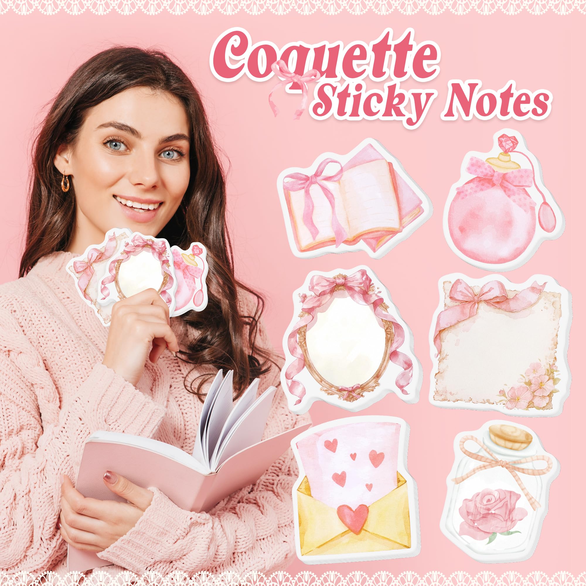 12 Stück Kokette Haftnotizen, niedlich, mädchenhaft, Notizblöcke, ästhetisch, rosa Schleife, Band, Schulanfang, Bürobedarf, Vintage, romantisch, Scrapbooking, dekoratives Geschenk für Mädchen und