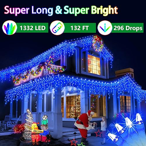 Miniatura 2 de 1332 luces LED de Navidad para exteriores de 132 pies, 296 gotas de hielo, 12 modos profesionales con temporizador de memoria y brillo, tira de