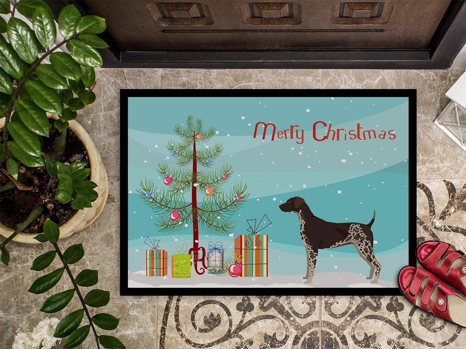 Caroline's Treasures CK3541MAT German Shorthaired Pointer Christmas Tree Doormat 18x27 Front Door Mat Indoor Outdoor Rugs for Entryway, Non Slip Washable Low Pile, 18H X 27W