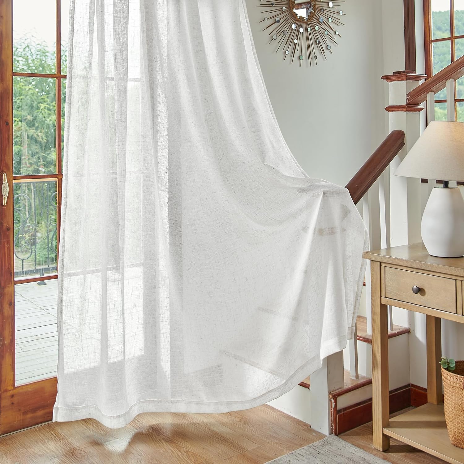 Greyish White Sheer Linen Curtains 96 Inch for Bedroom 2 Panels Back Tab Semi Sheer Privacy Textured Light Filter Greyish White Linen Curtains for Living Room Rustic Farmhouse Decor 8 FT, Width 42x96